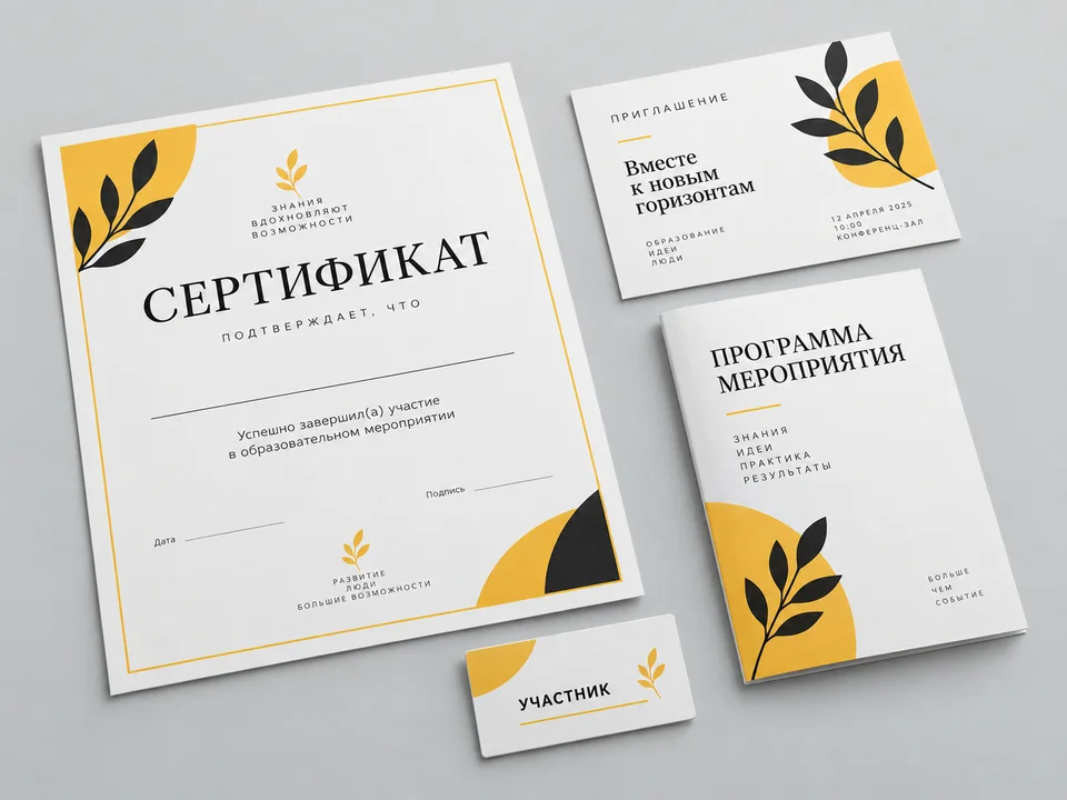 Иллюстрация комплекта: сертификат, приглашение, программа и бейдж в едином стиле
