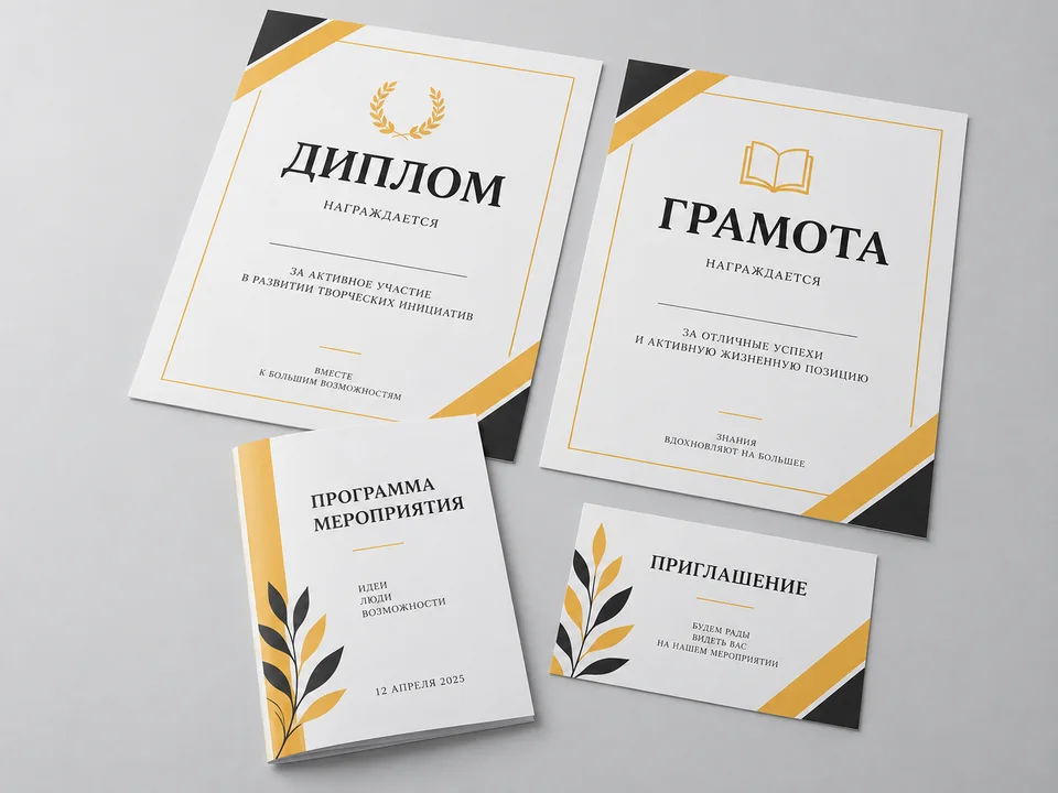 Иллюстрация согласованного комплекта: диплом, грамота, программа и приглашение