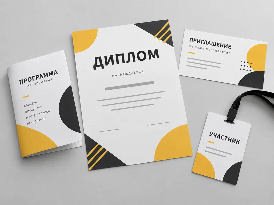 Иллюстрация комплекта: диплом, программа мероприятия, приглашение и бейдж